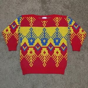 Vintage 80s One Step Up Multi Color Crew Acrylic Sweater Size Medium